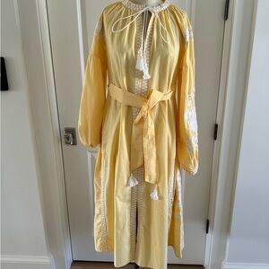 Julia Amory long sleeved embroidered caftan in large. Buttery yellow/white trim.